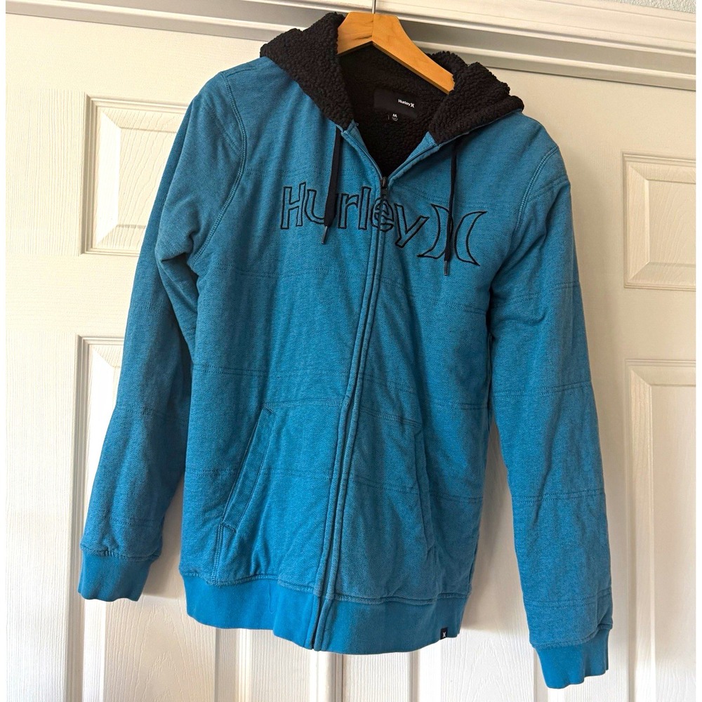 Hurley Sherpa Lined Full Zip Hoodie Mens M Teal Spellout Y2K Skater Surf Logo